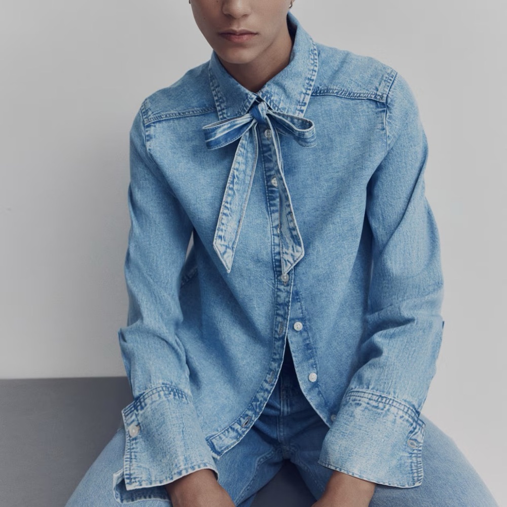 H&M Bow Detail Denim Blouse Light Blue NWT